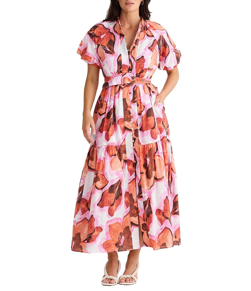 Brave + True Amour Floral Print Mandarin Collar Button Front Belted Short Puff Sleeve Maxi Dress