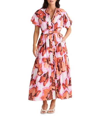 Brave + True Amour Floral Print Mandarin Collar Button Front Belted Short Puff Sleeve Maxi Dress
