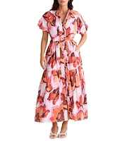 Brave + True Amour Floral Print Mandarin Collar Button Front Belted Short Puff Sleeve Maxi Dress
