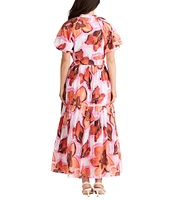 Brave + True Amour Floral Print Mandarin Collar Button Front Belted Short Puff Sleeve Maxi Dress