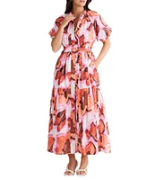 Brave + True Amour Floral Print Mandarin Collar Button Front Belted Short Puff Sleeve Maxi Dress