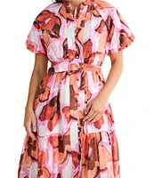 Brave + True Amour Floral Print Mandarin Collar Button Front Belted Short Puff Sleeve Maxi Dress