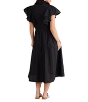 Brave + True Marigold Cotton Ruffle Sleeve Collared V-Neck Button Front Midi Dress