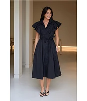 Brave + True Marigold Cotton Ruffle Sleeve Collared V-Neck Button Front Midi Dress