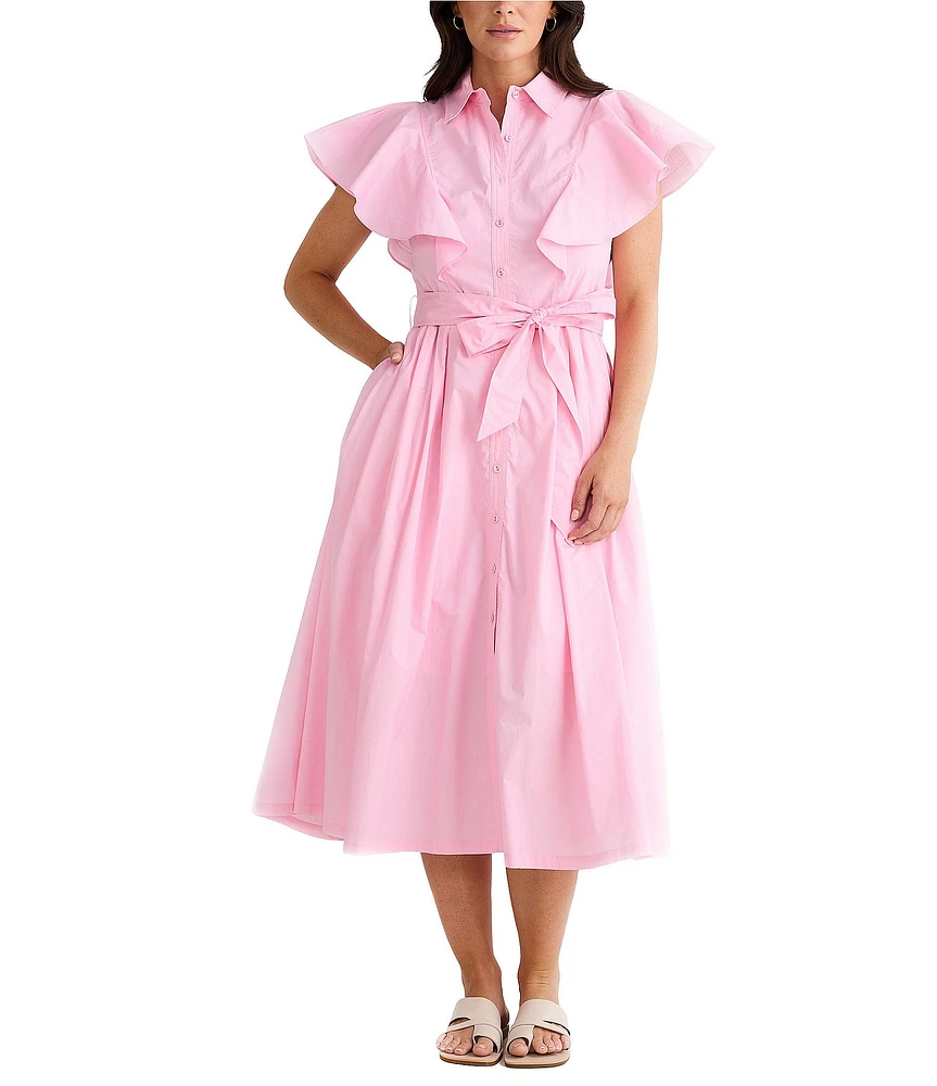 Brave + True Marigold Cotton Ruffle Sleeve Collared V-Neck Button Front Midi Dress