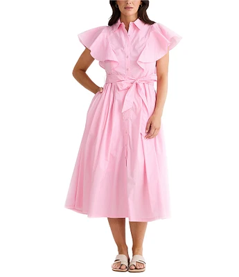 Brave + True Marigold Cotton Ruffle Sleeve Collared V-Neck Button Front Midi Dress