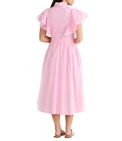 Brave + True Marigold Cotton Ruffle Sleeve Collared V-Neck Button Front Midi Dress