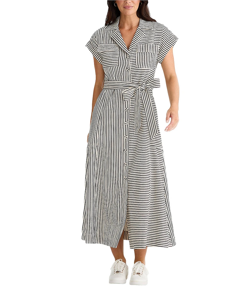 Brave + True Portia Short Sleeve Striped Collared Button Front Midi Dress