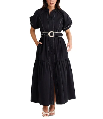 Brave + True Short Puff Sleeve Amour Contrast Piping Button Front Belted Maxi Dress
