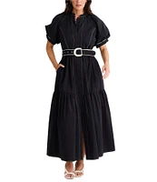 Brave + True Short Puff Sleeve Amour Contrast Piping Button Front Belted Maxi Dress