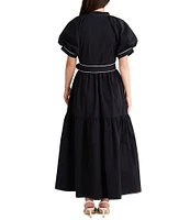 Brave + True Short Puff Sleeve Amour Contrast Piping Button Front Belted Maxi Dress