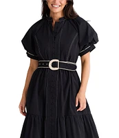 Brave + True Short Puff Sleeve Amour Contrast Piping Button Front Belted Maxi Dress