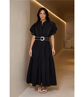 Brave + True Short Puff Sleeve Amour Contrast Piping Button Front Belted Maxi Dress