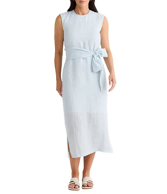 Brave + True Turning Point Sleeveless Linen Crew Neckline Tie Front Midi Dress