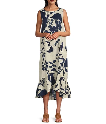 Bryn Walker Angelina Foglie Print Round Neck Sleeveless High-Low Ruffle Dress