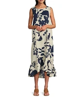 Bryn Walker Angelina Foglie Print Round Neck Sleeveless High-Low Ruffle Dress