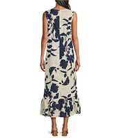 Bryn Walker Angelina Foglie Print Round Neck Sleeveless High-Low Ruffle Dress