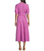 Bryn Walker Augustina Floral Cotton Jacquard Banded Collar Elbow Sleeve Button Front Dress