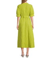 Bryn Walker Augustina Floral Cotton Jacquard Banded Collar Elbow Sleeve Button Front Dress
