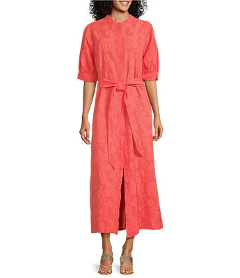 Bryn Walker Augustina Floral Cotton Jacquard Banded Collar Elbow Sleeve Button Front Dress