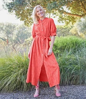 Bryn Walker Augustina Floral Cotton Jacquard Banded Collar Elbow Sleeve Button Front Dress
