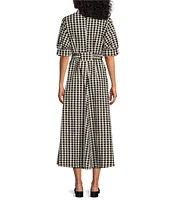 Bryn Walker Augustina Organic Cotton Poplin Checkered Print Banded Collar Elbow Puff Sleeve Belted Button-Front Midi Dress