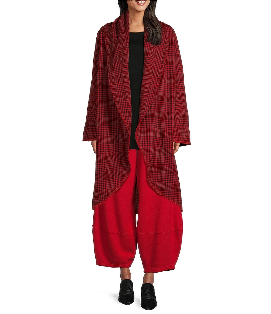 Bryn Walker Bamboo Fleece Plaid Shawl Collar Long Bell Sleeve Wrap Coat