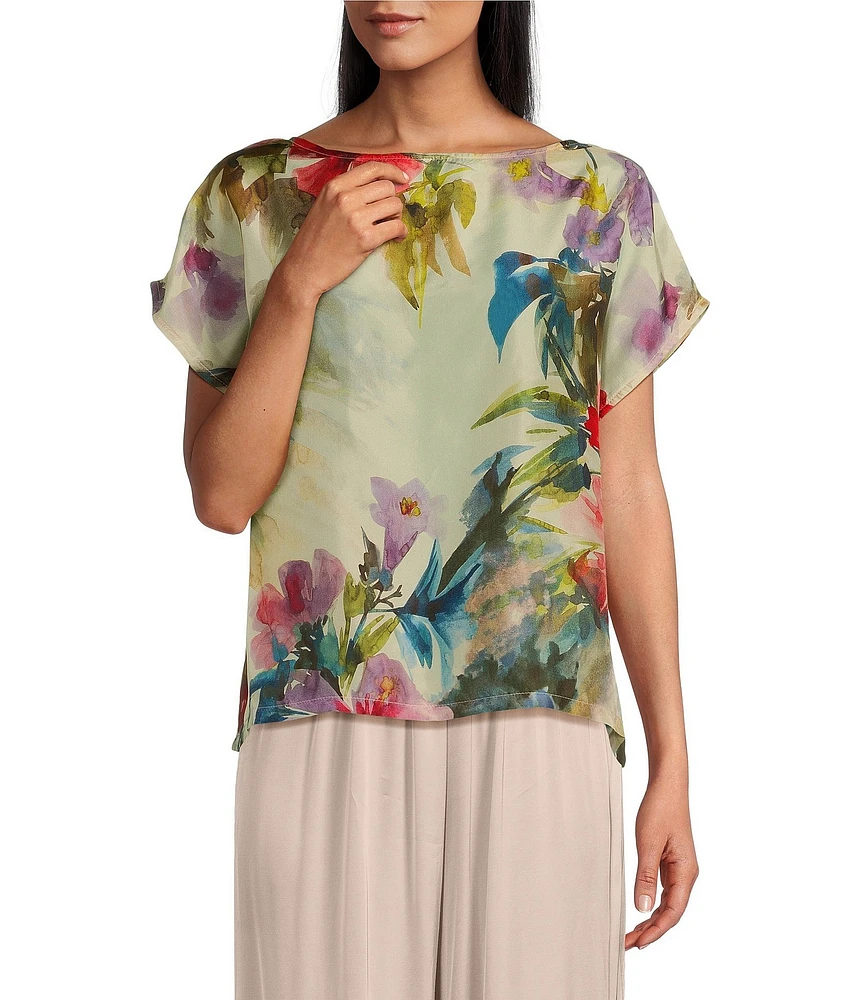 Bryn Walker Bess Silk Fiori Print Boat Neck Short Sleeve Shirt