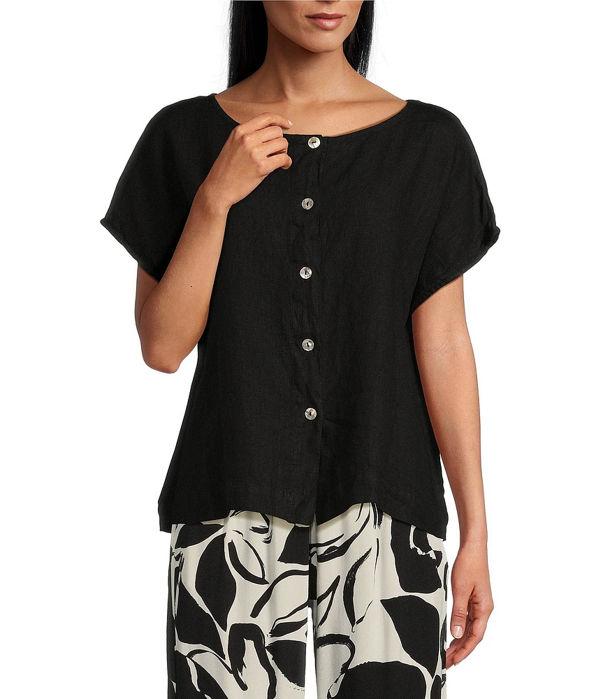 Bryn Walker Bessie Light Linen Crew Neck Cap Sleeve Boxy Button Front Shirt