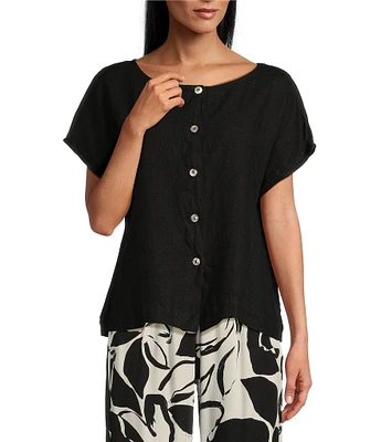 Bryn Walker Bessie Light Linen Crew Neck Cap Sleeve Boxy Button Front Shirt