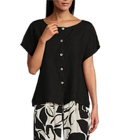 Bryn Walker Bessie Light Linen Crew Neck Cap Sleeve Boxy Button Front Shirt