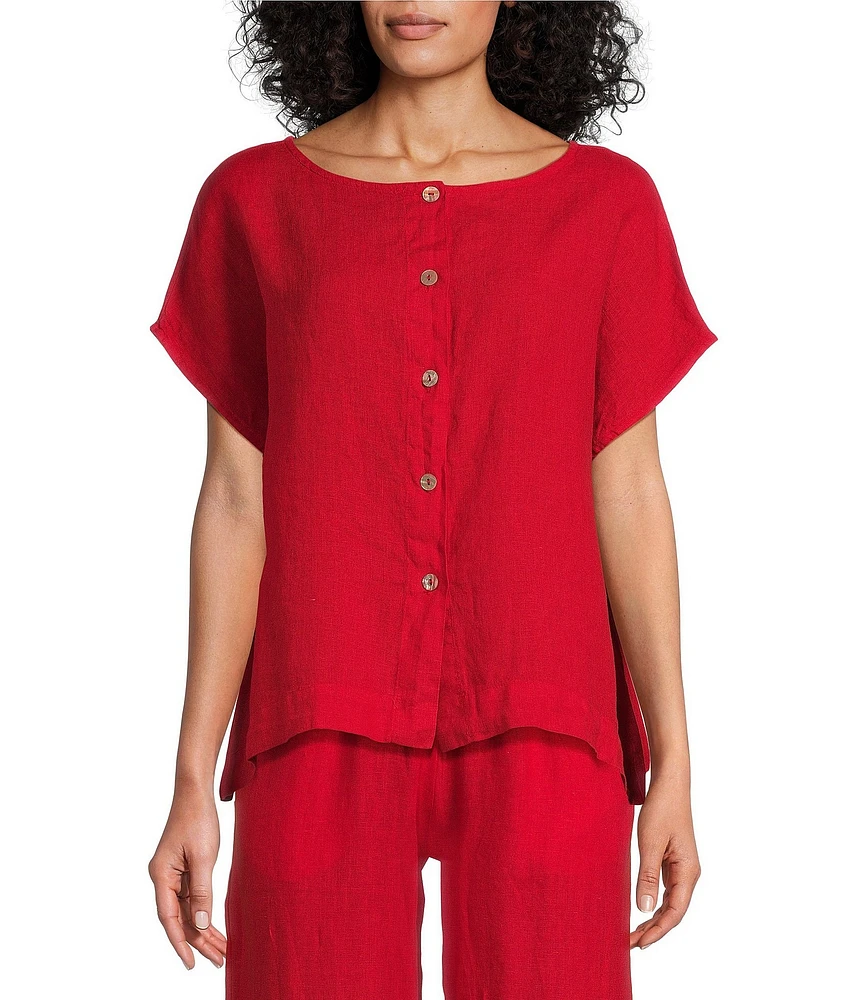 Bryn Walker Bessie Light Linen Crew Neck Cap Sleeve Boxy Button Front Shirt