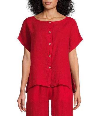Bryn Walker Bessie Light Linen Crew Neck Cap Sleeve Boxy Button Front Shirt