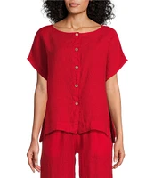 Bryn Walker Bessie Light Linen Crew Neck Cap Sleeve Boxy Button Front Shirt
