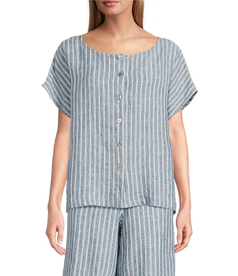 Bryn Walker Bessie Stripe Linen Round Neck Cap Sleeve Button Front Coordinating Shirt