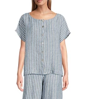 Bryn Walker Bessie Stripe Linen Round Neck Cap Sleeve Button Front Coordinating Shirt