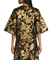 Bryn Walker Calla Woven Gold Foiled Floral Print Round Neck Elbow Sleeve Jacket