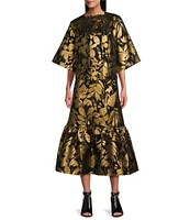 Bryn Walker Calla Woven Gold Foiled Floral Print Round Neck Elbow Sleeve Jacket