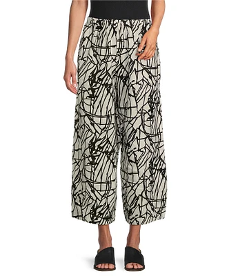 Bryn Walker Cas Linen Knit Netta Print Elastic Waist Wide Leg Cropped Pant