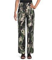 Bryn Walker Coordinating Giardino Print Viscose Satin Elastic Waist Full Length Wide Leg Pants