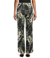 Bryn Walker Coordinating Giardino Print Viscose Satin Elastic Waist Full Length Wide Leg Pants