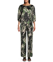 Bryn Walker Coordinating Giardino Print Viscose Satin Elastic Waist Full Length Wide Leg Pants