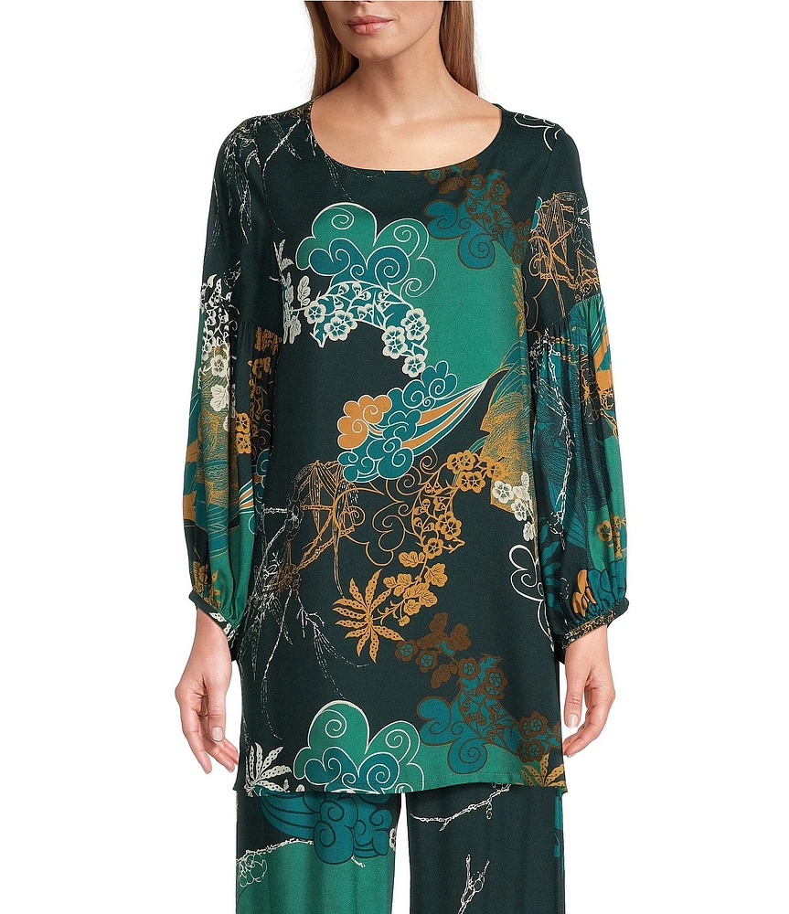 Bryn Walker Crepe Floral Woven Scoop Neck Long Sleeve Oversized Tunic