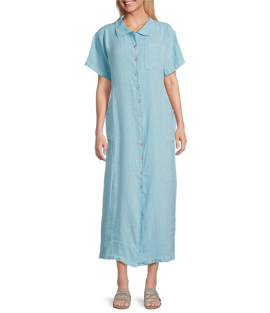 Bryn Walker Emmaline Light Linen Collar Neck Short Sleeve Button Front Dress
