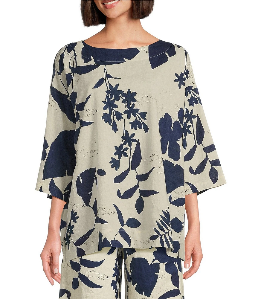 Bryn Walker Foglie Print Linen Blend Boat Neck 3/4 Sleeve Resort Coordinating Shirt