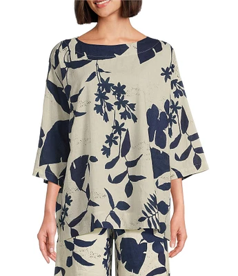 Bryn Walker Foglie Print Linen Blend Boat Neck 3/4 Sleeve Resort Coordinating Shirt