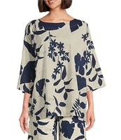 Bryn Walker Foglie Print Linen Blend Boat Neck 3/4 Sleeve Resort Coordinating Shirt