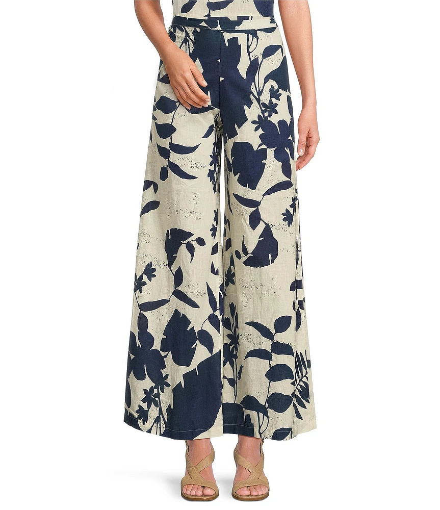Bryn Walker Foglie Print Flat Front Linen Blend Elastic Waist Wide Full Leg Coordinating Pants