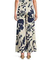 Bryn Walker Foglie Print Flat Front Linen Blend Elastic Waist Wide Full Leg Coordinating Pants