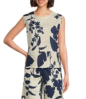 Bryn Walker Foglie Print Linen Blend Round Neck Sleeveless Coordinating Tank